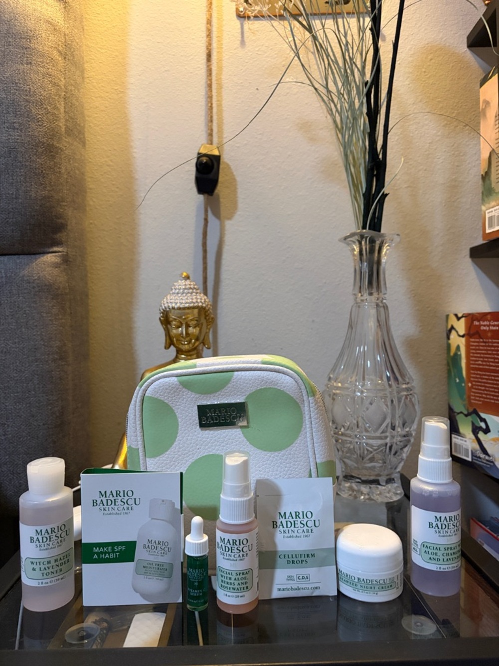 Mario Badescu White and Light Green Polka Dot Cosmetic Pouch with Skincare Set